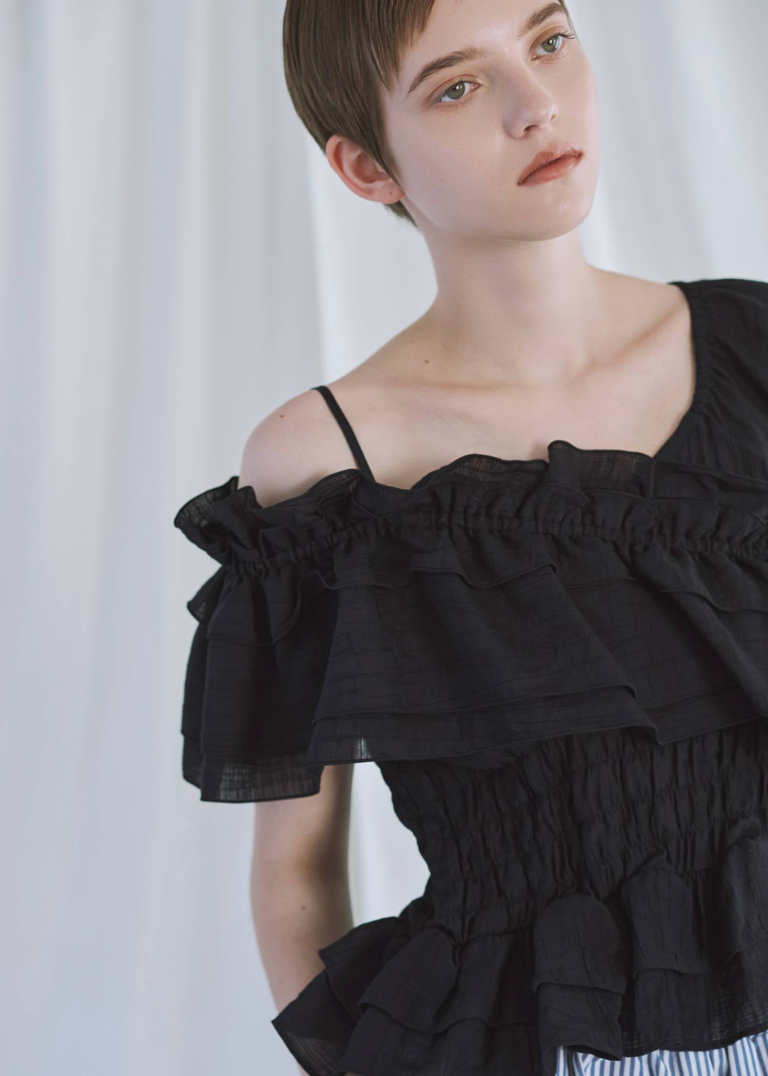 asymmetry tiered frill sheer shirring BL
