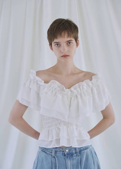 asymmetry tiered frill sheer shirring BL