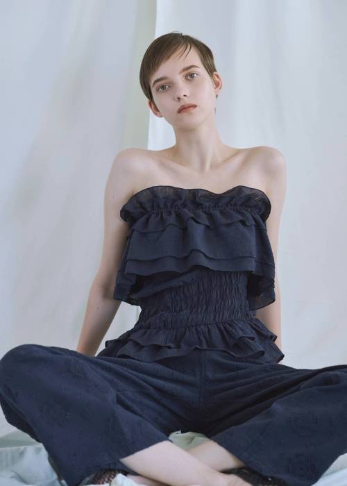 asymmetry tiered frill sheer shirring BL
