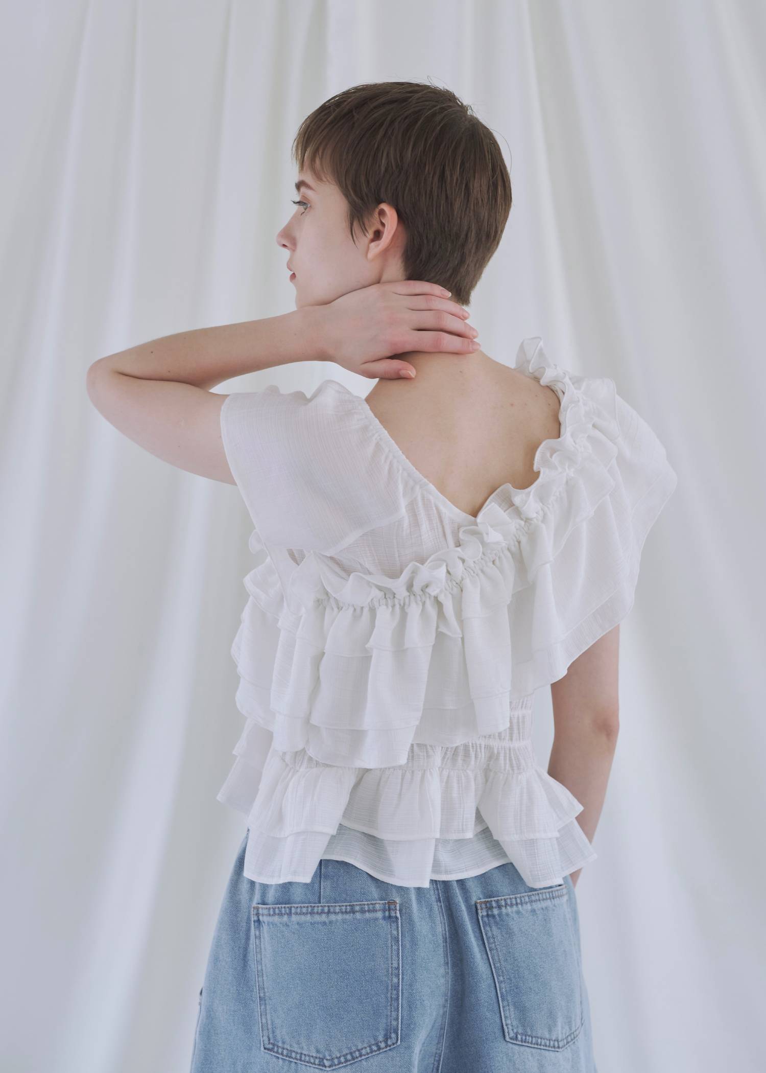 asymmetry tiered frill sheer shirring BL