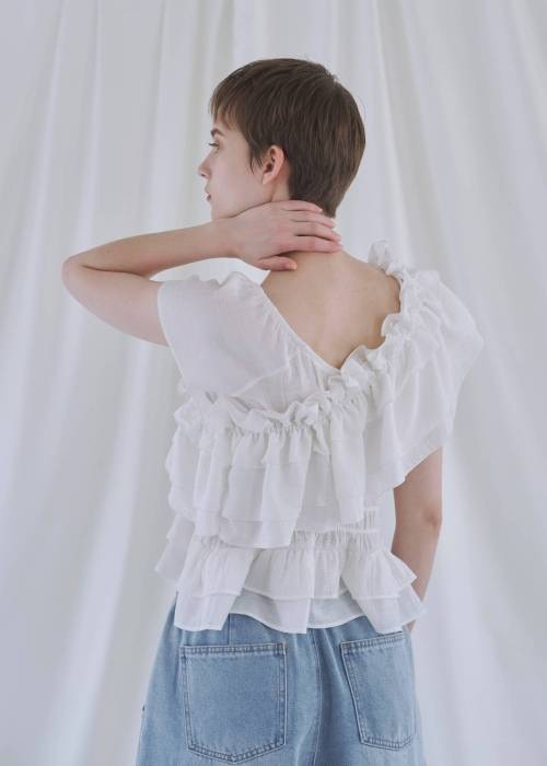 asymmetry tiered frill sheer shirring BL