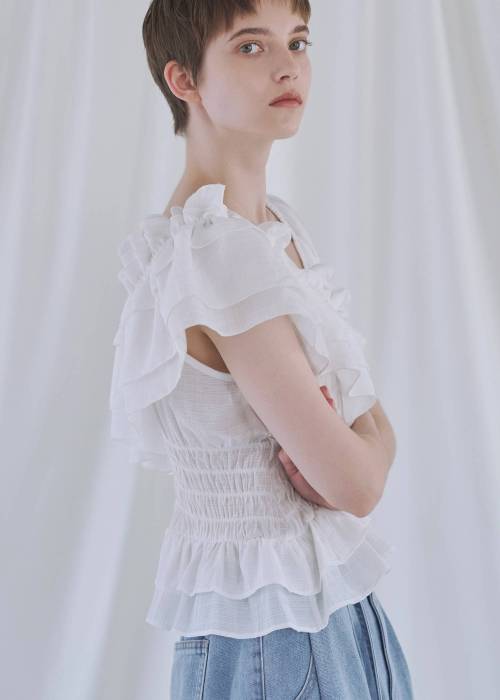 asymmetry tiered frill sheer shirring BL
