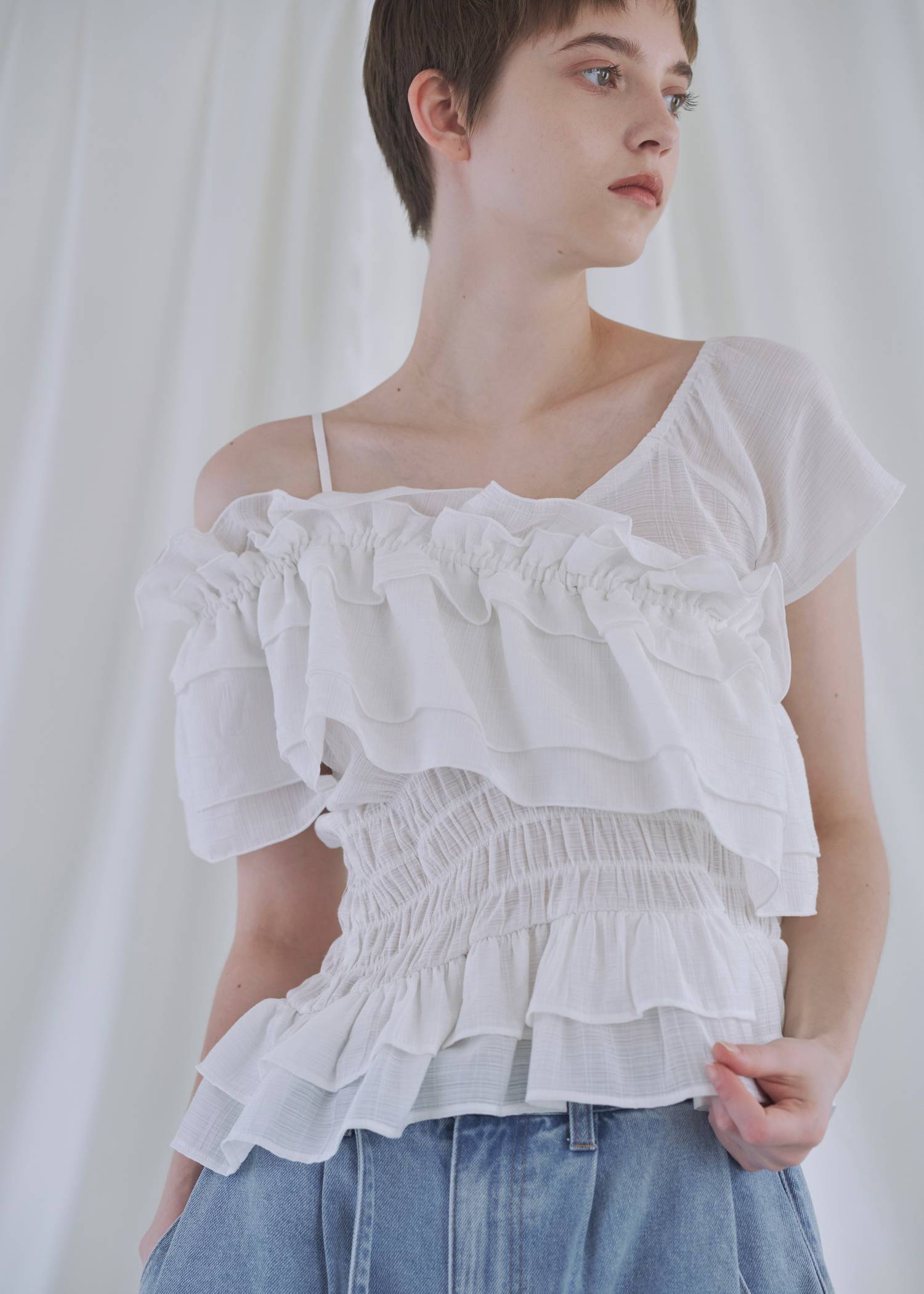 asymmetry tiered frill sheer shirring BL