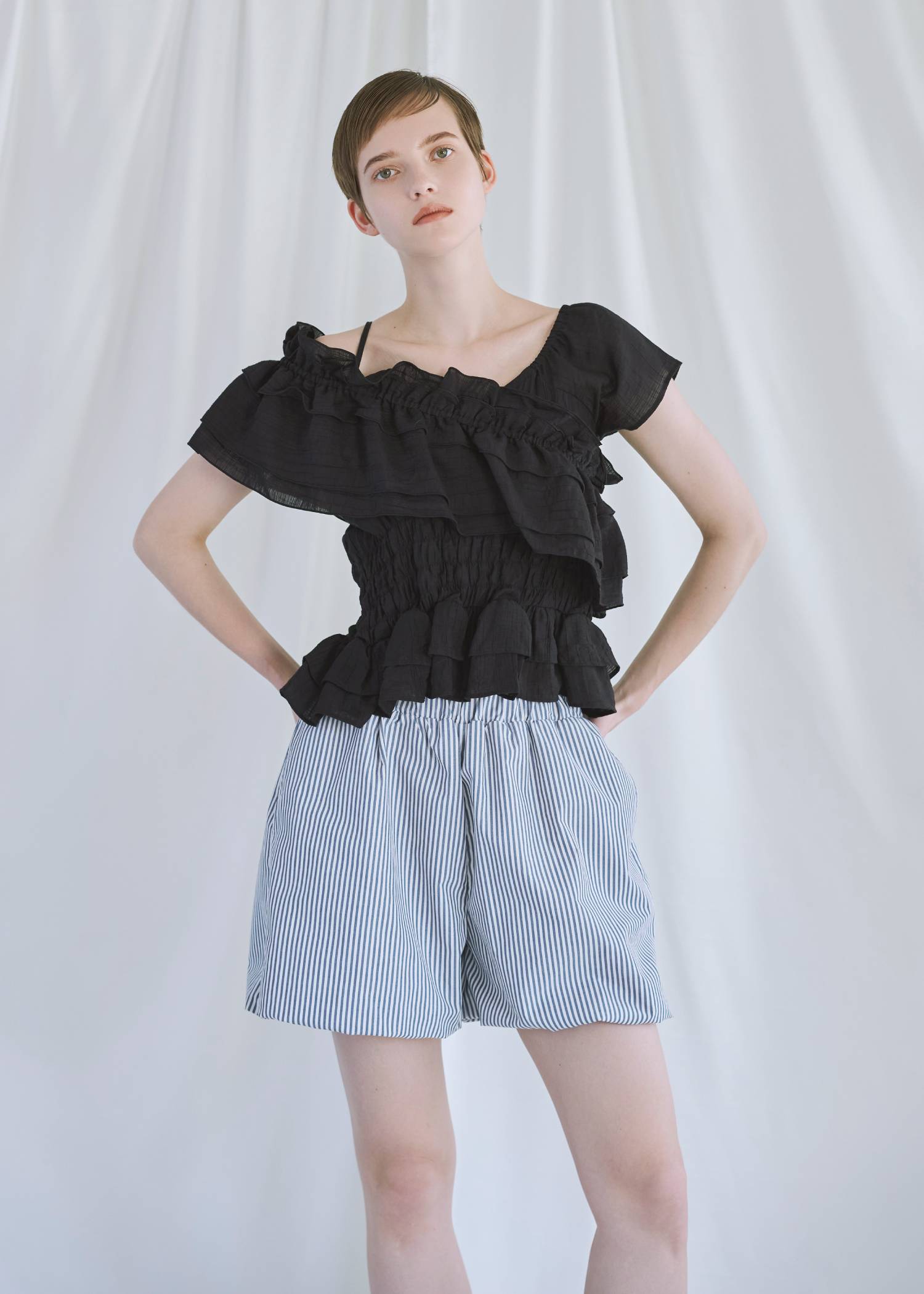 asymmetry tiered frill sheer shirring BL