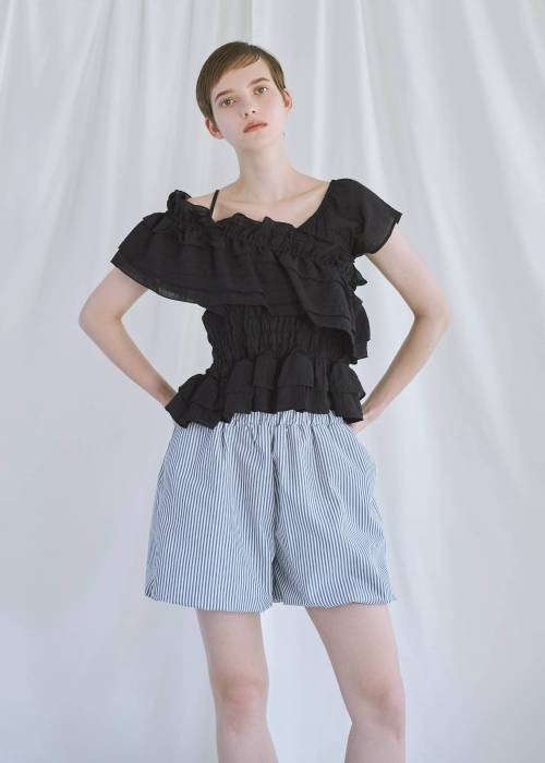 asymmetry tiered frill sheer shirring BL