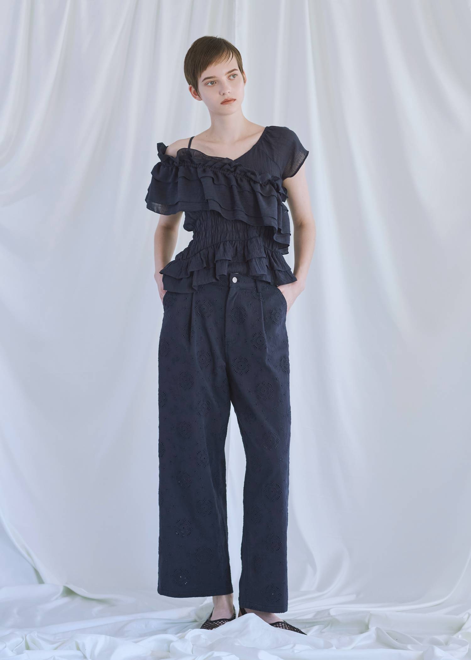 asymmetry tiered frill sheer shirring BL