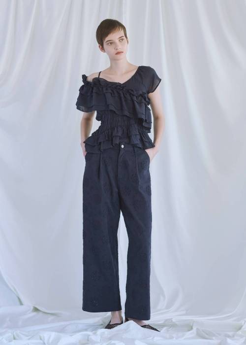 asymmetry tiered frill sheer shirring BL