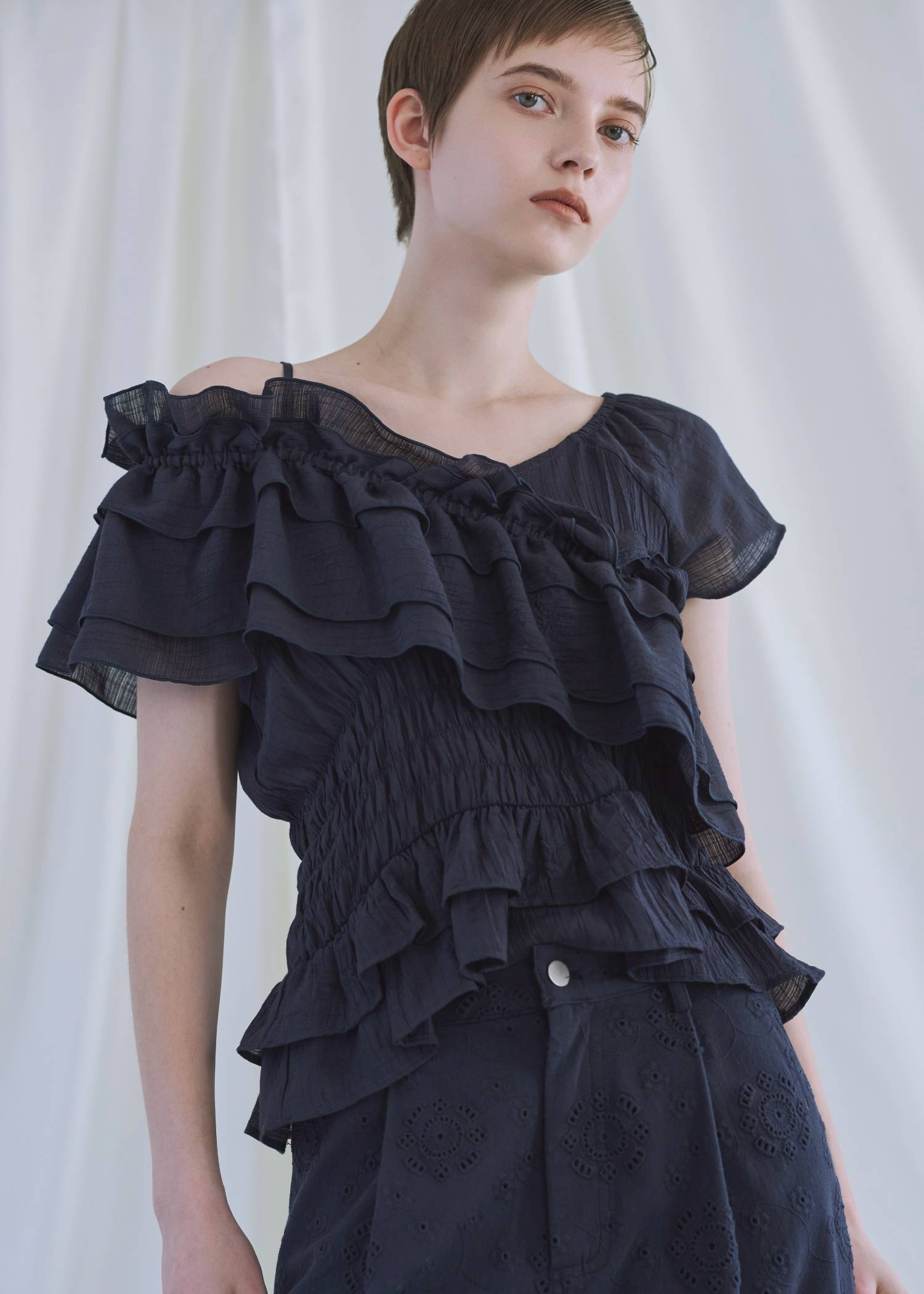 asymmetry tiered frill sheer shirring BL