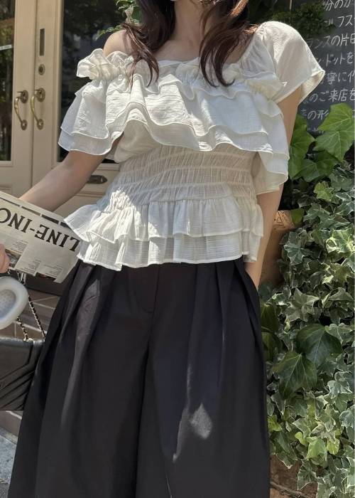 asymmetry tiered frill sheer shirring BL