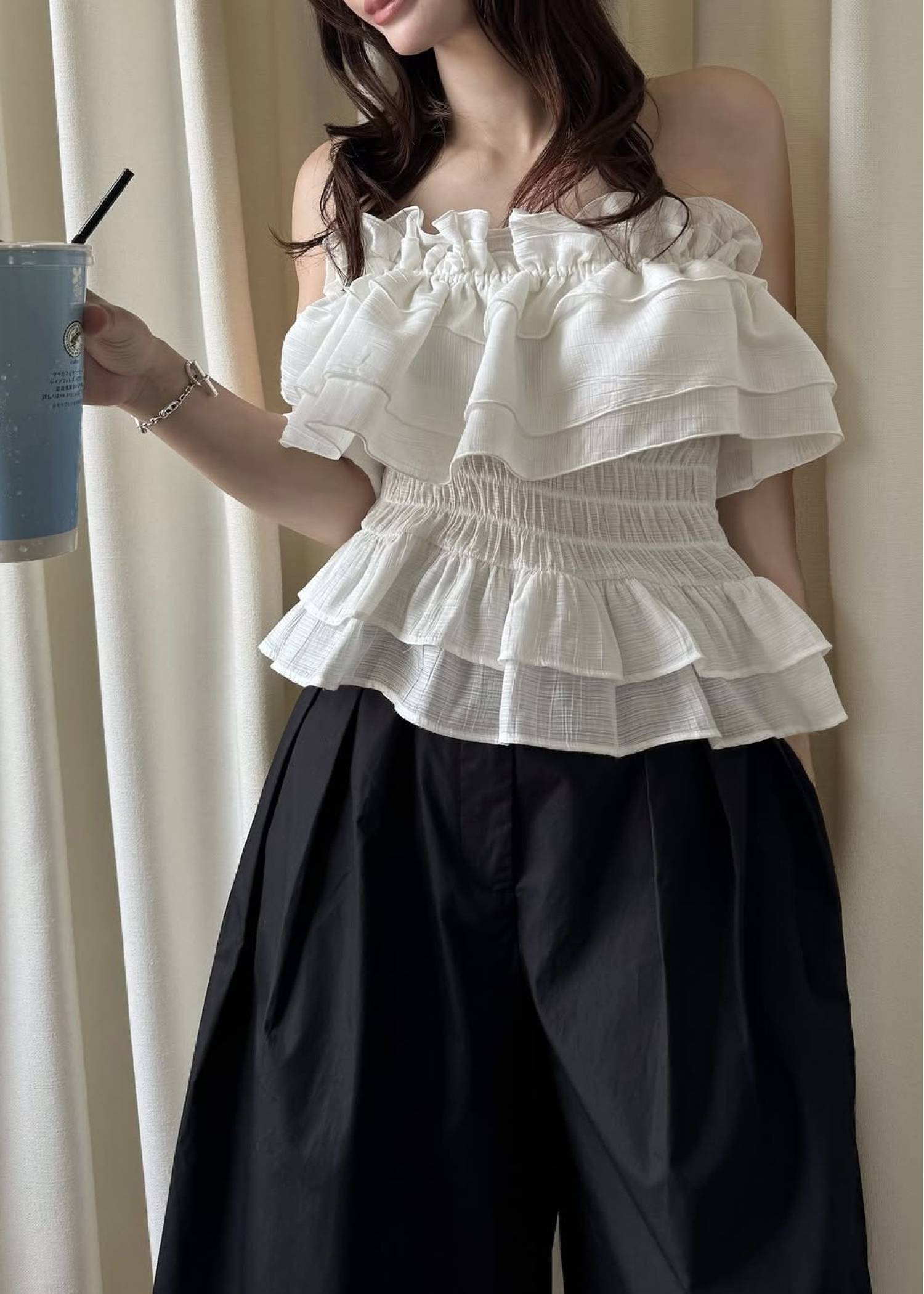 asymmetry tiered frill sheer shirring BL