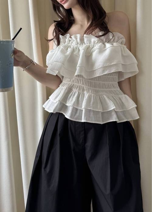 asymmetry tiered frill sheer shirring BL