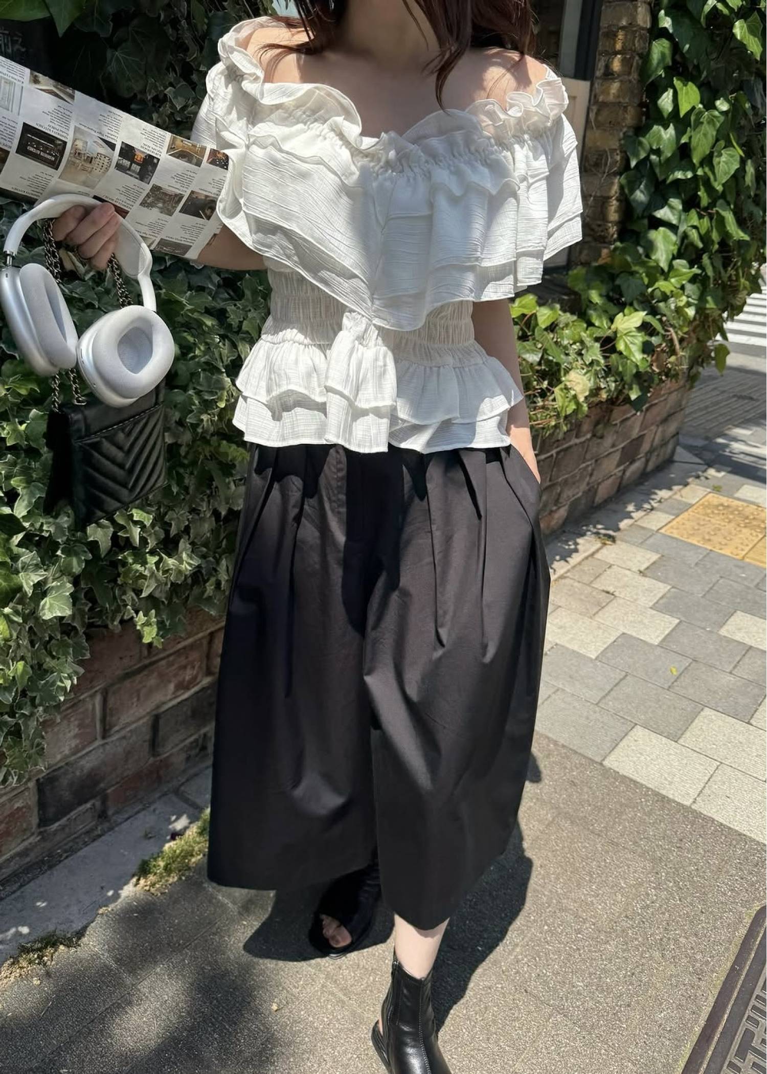 asymmetry tiered frill sheer shirring BL