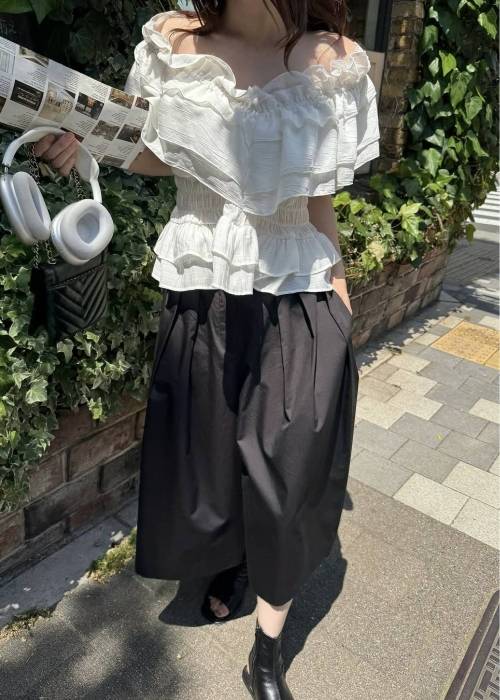 asymmetry tiered frill sheer shirring BL