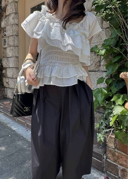 asymmetry tiered frill sheer shirring BL