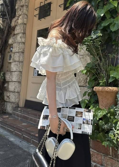 asymmetry tiered frill sheer shirring BL