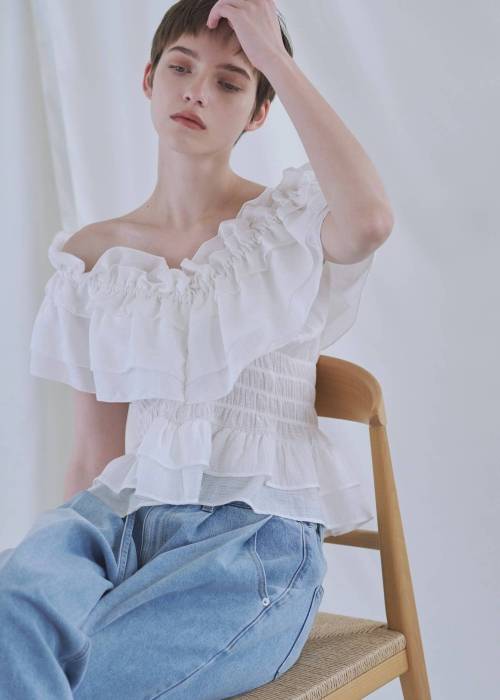 asymmetry tiered frill sheer shirring BL