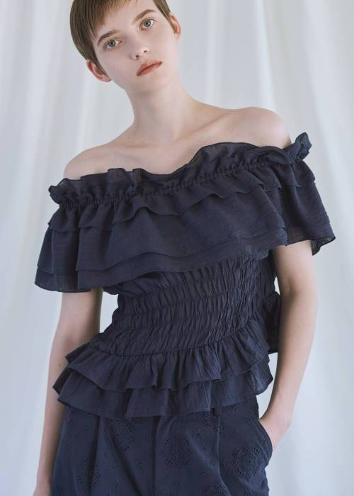 asymmetry tiered frill sheer shirring BL