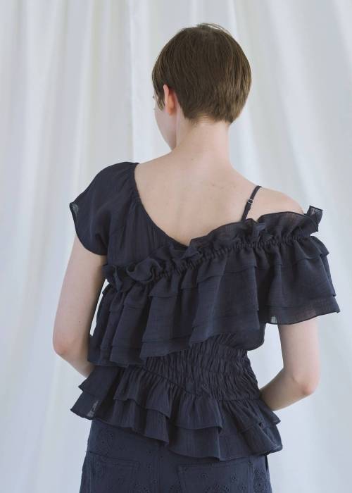 asymmetry tiered frill sheer shirring BL