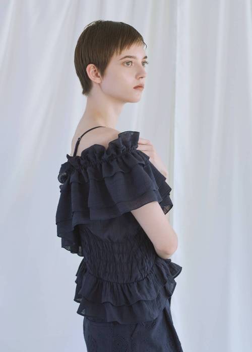 asymmetry tiered frill sheer shirring BL