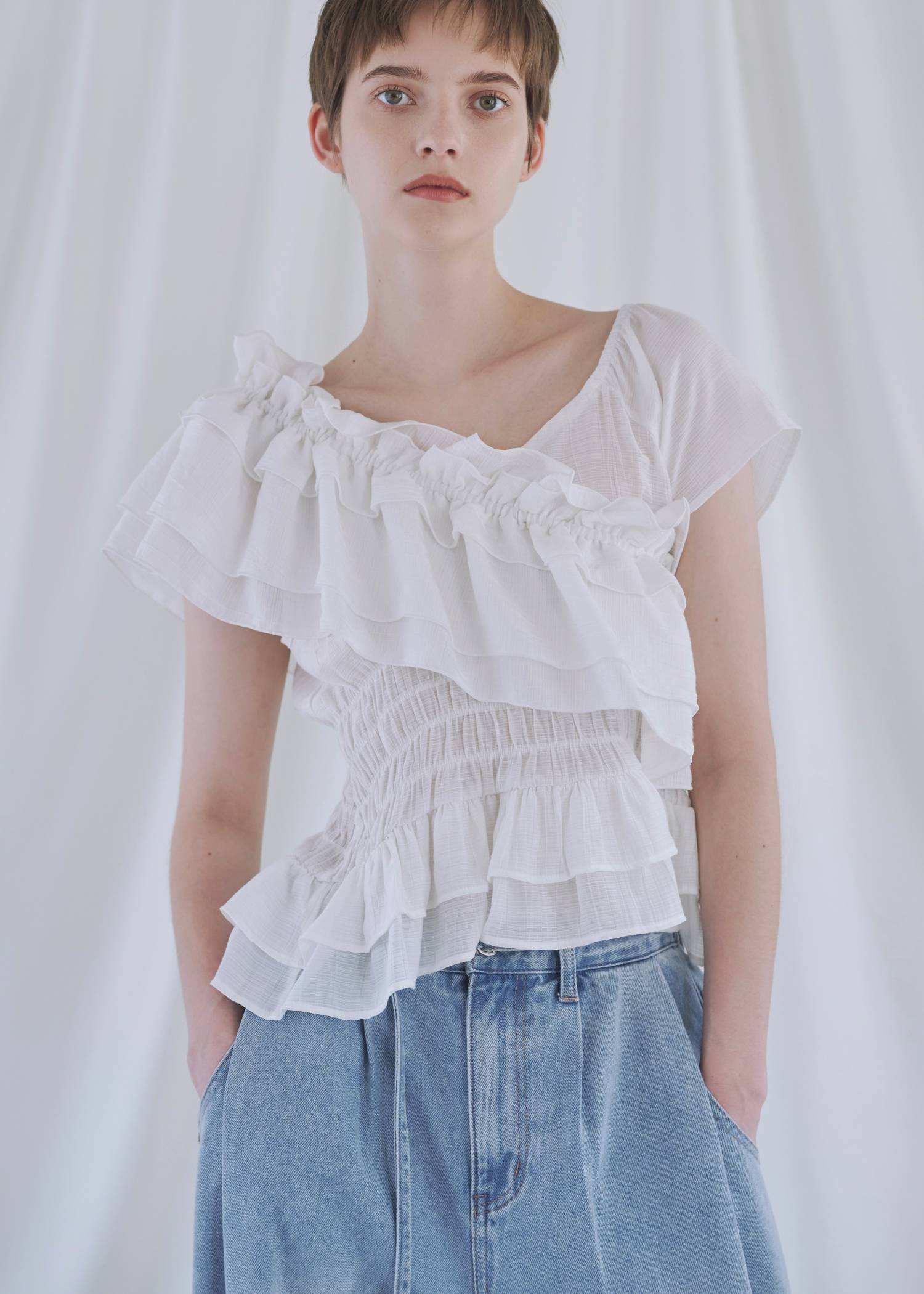 asymmetry tiered frill sheer shirring BL