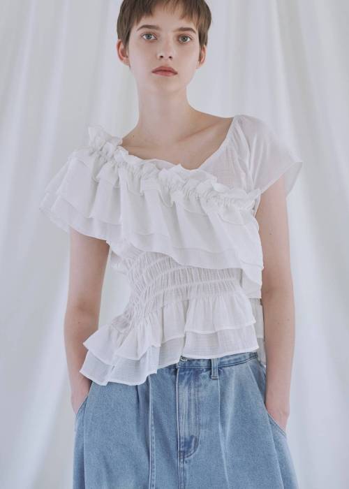 asymmetry tiered frill sheer shirring BL