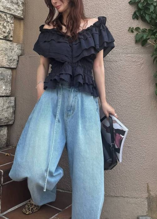 asymmetry tiered frill sheer shirring BL