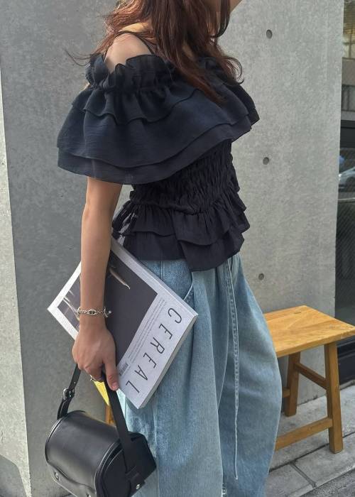 asymmetry tiered frill sheer shirring BL