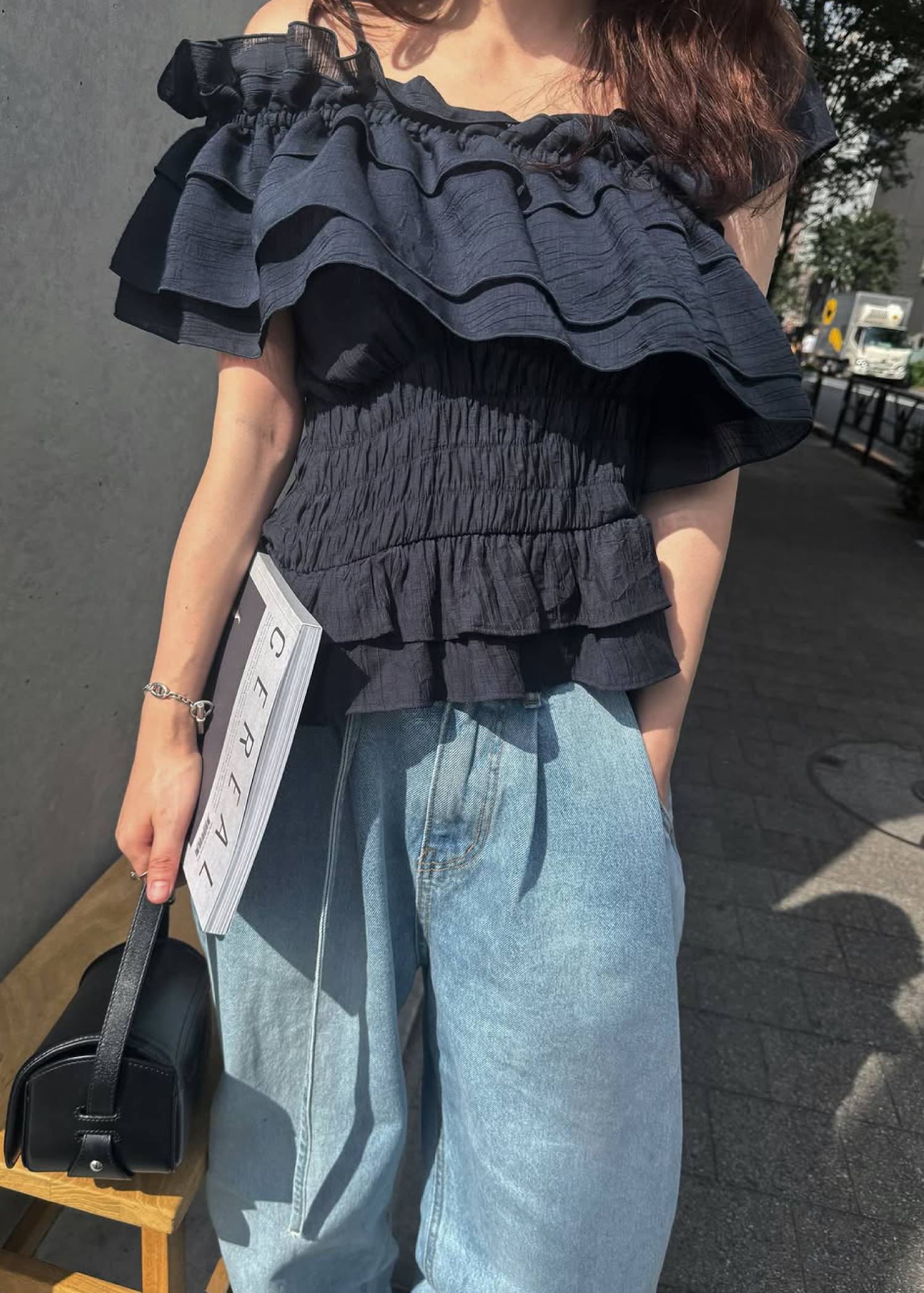 asymmetry tiered frill sheer shirring BL