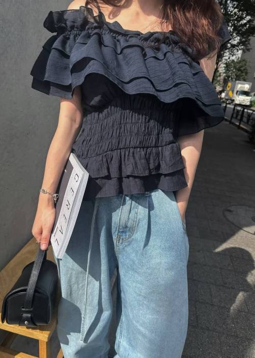asymmetry tiered frill sheer shirring BL