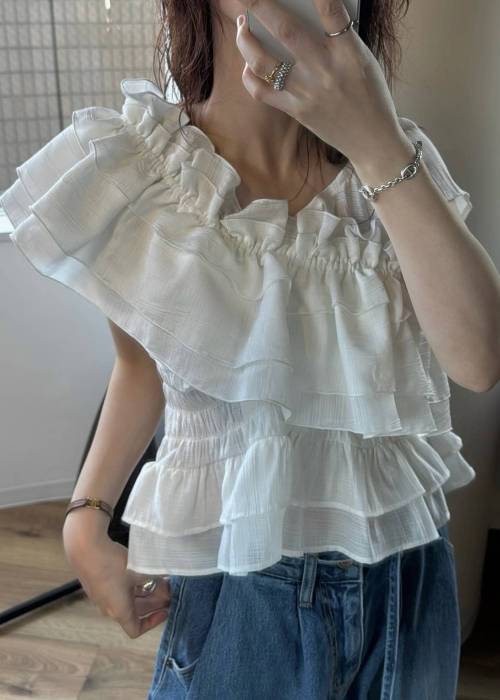 asymmetry tiered frill sheer shirring BL