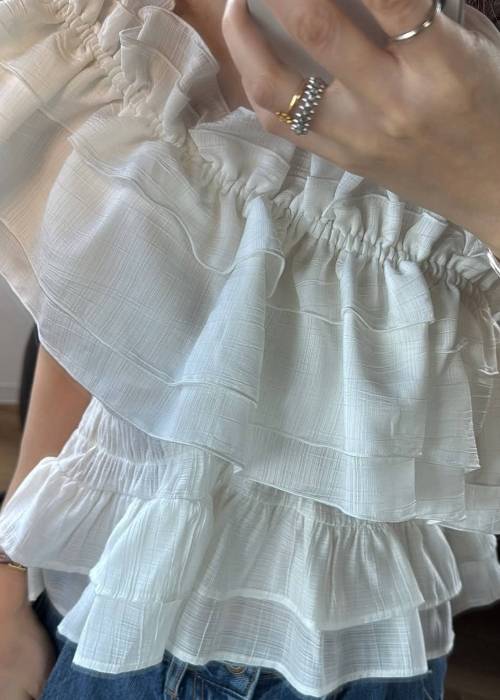 asymmetry tiered frill sheer shirring BL
