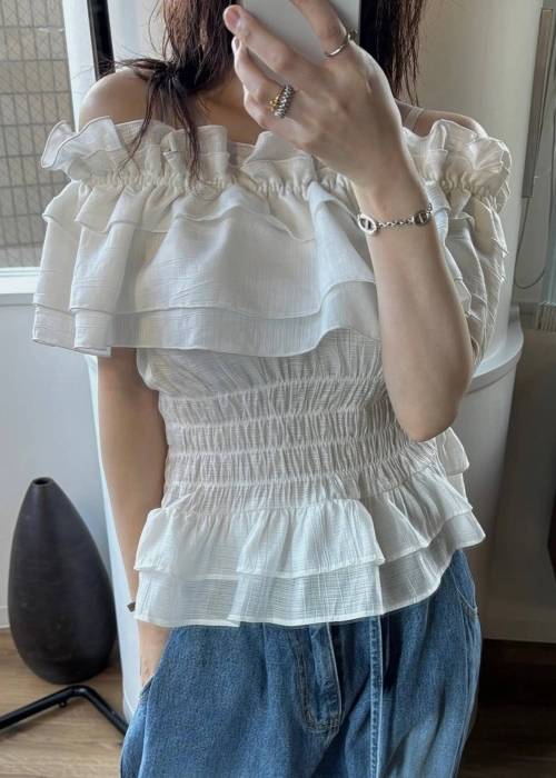 asymmetry tiered frill sheer shirring BL