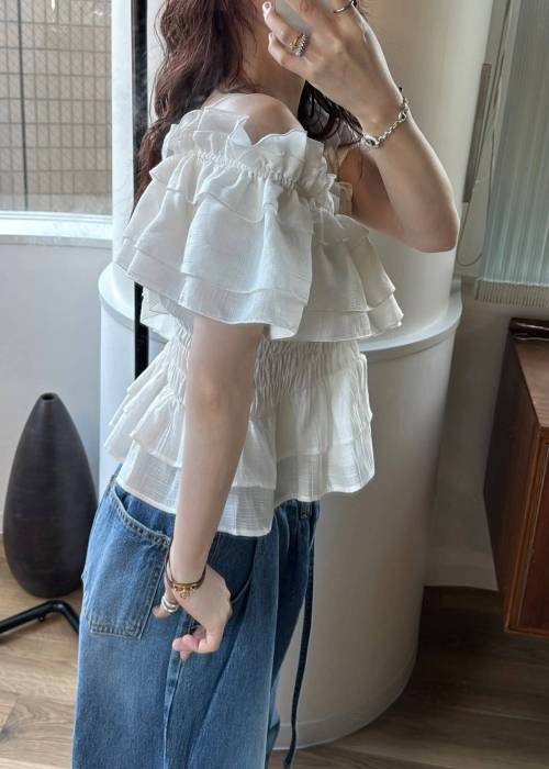 asymmetry tiered frill sheer shirring BL