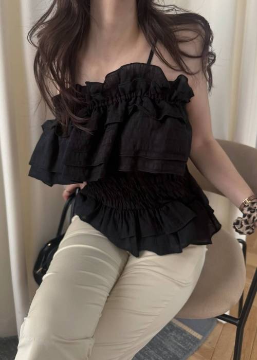 asymmetry tiered frill sheer shirring BL