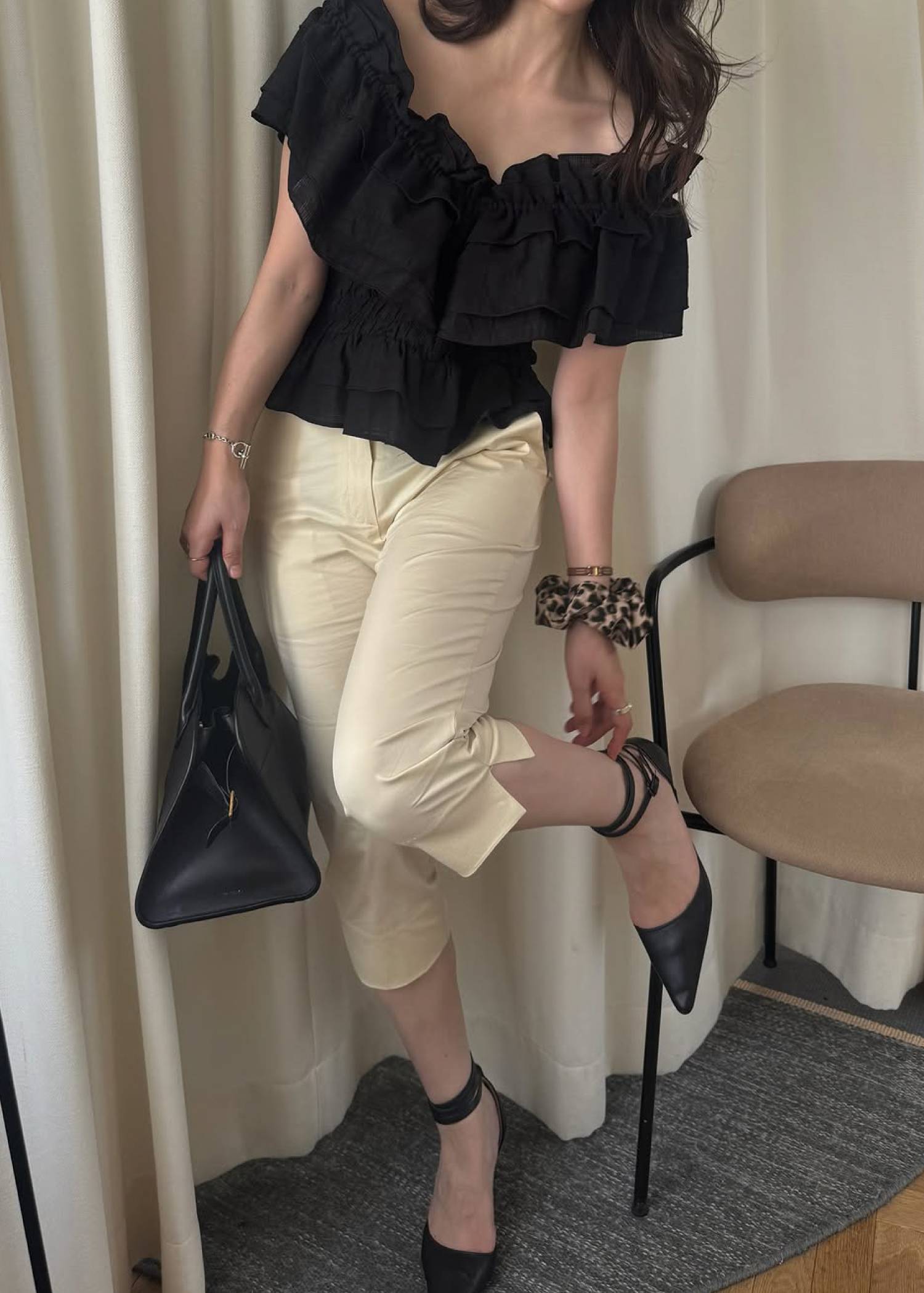 asymmetry tiered frill sheer shirring BL