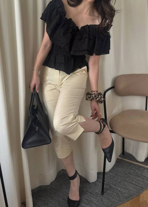 asymmetry tiered frill sheer shirring BL