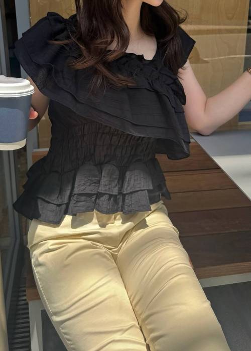 asymmetry tiered frill sheer shirring BL