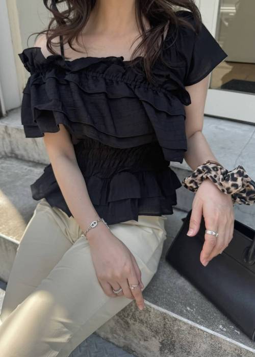 asymmetry tiered frill sheer shirring BL