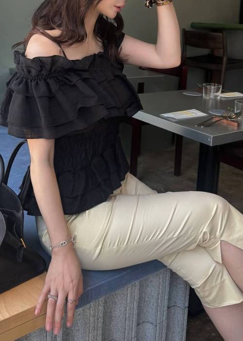 asymmetry tiered frill sheer shirring BL