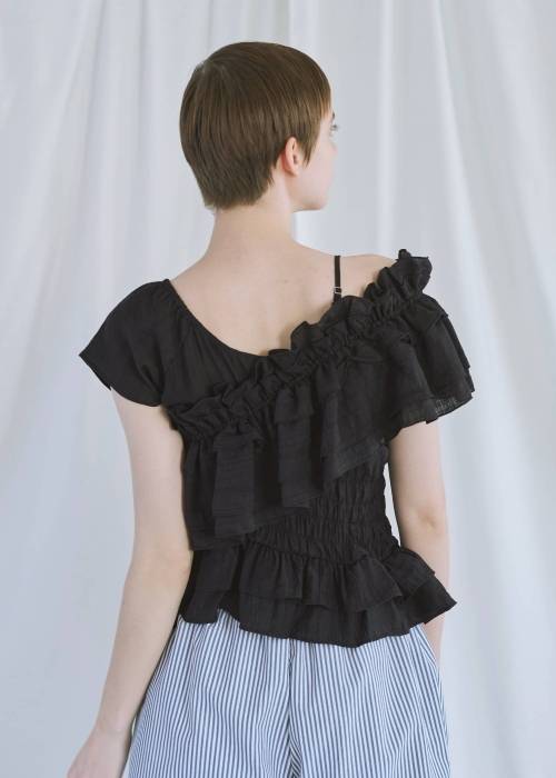 asymmetry tiered frill sheer shirring BL