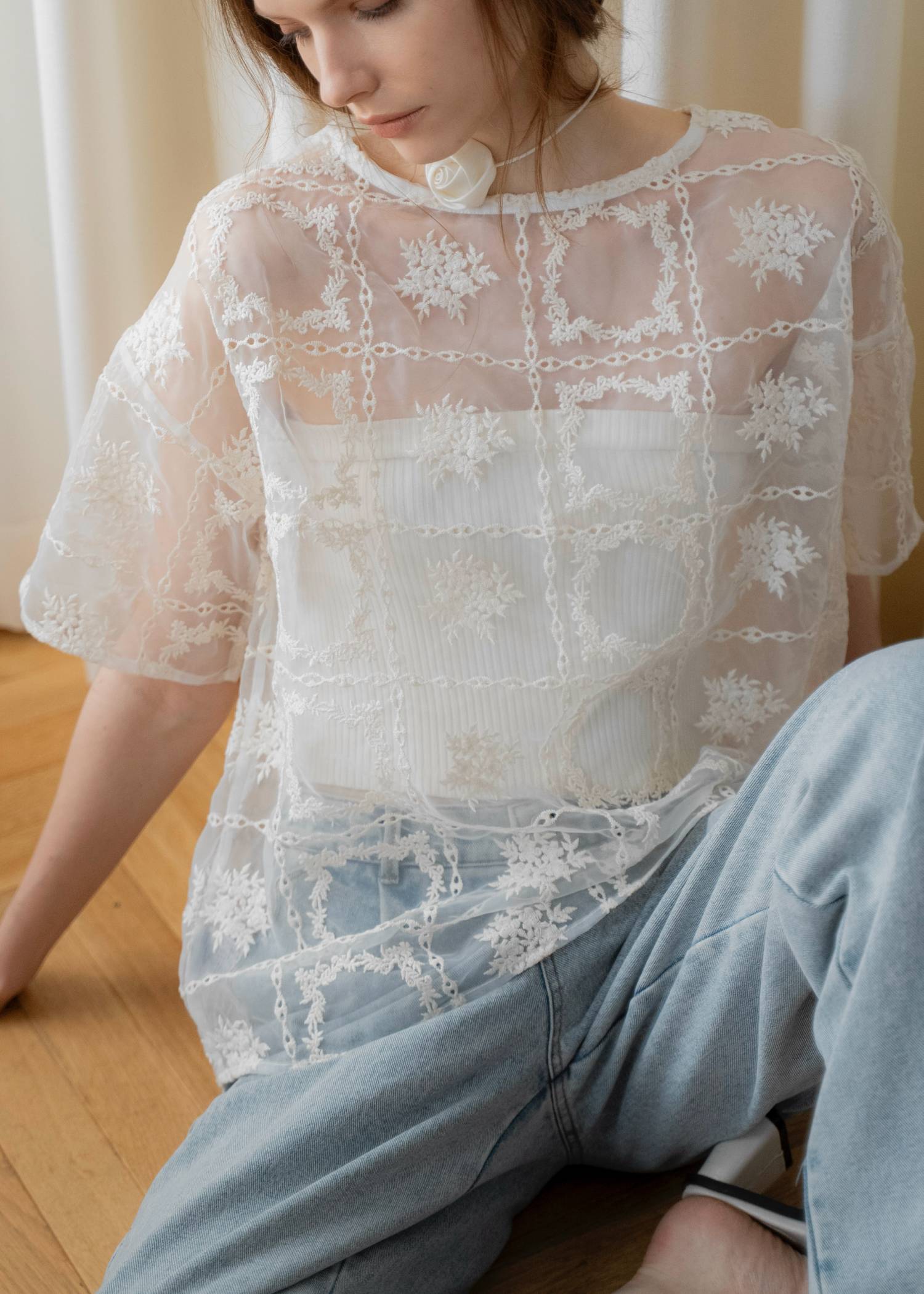 square lace big tee & rib tops SET