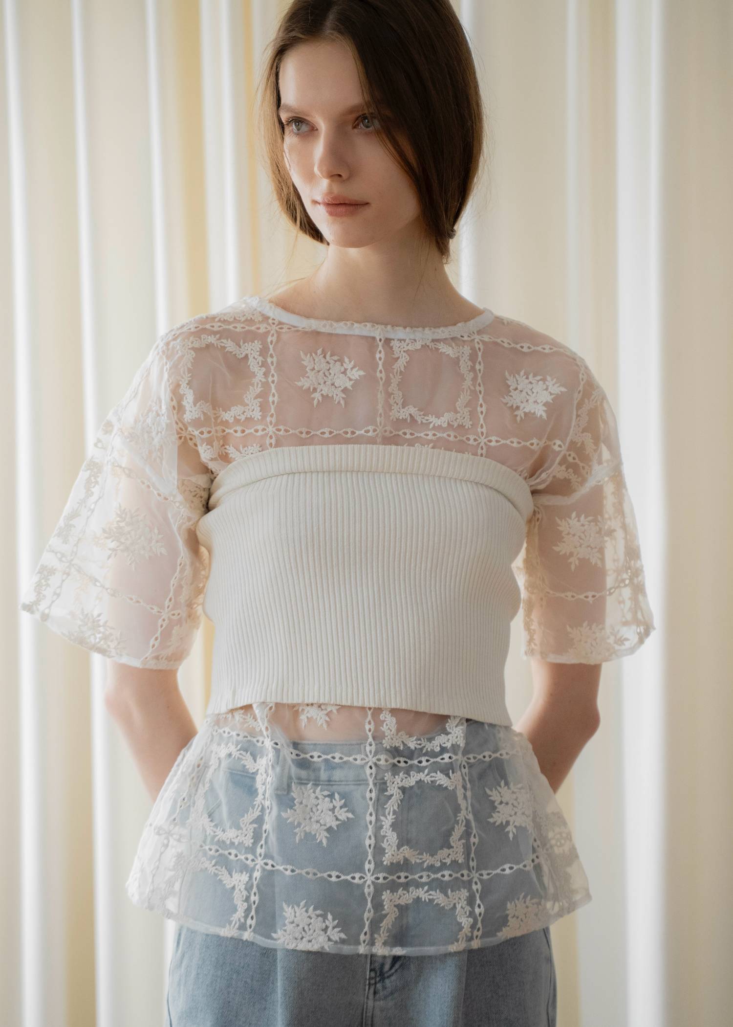 square lace big tee & rib tops SET