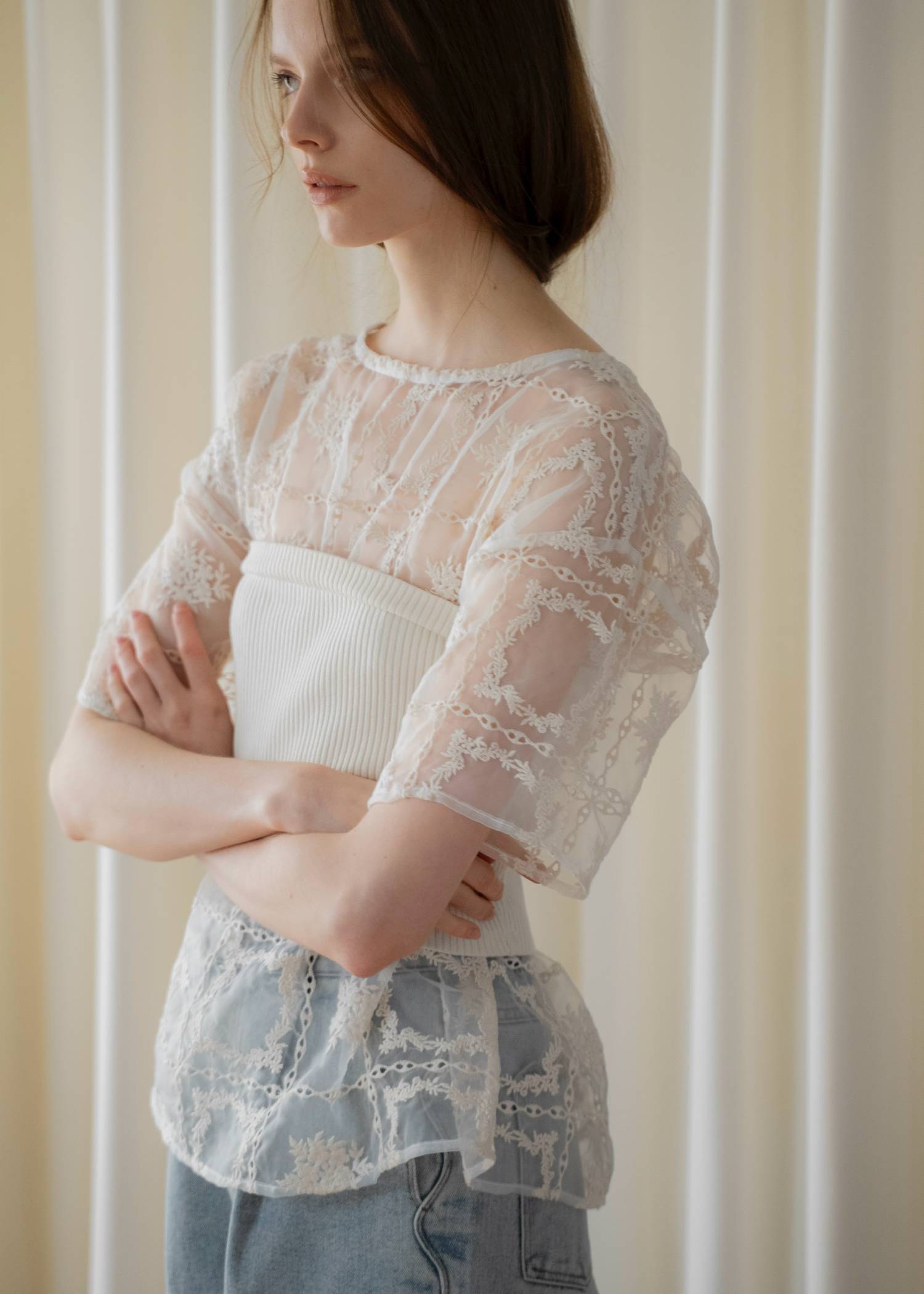 square lace big tee & rib tops SET