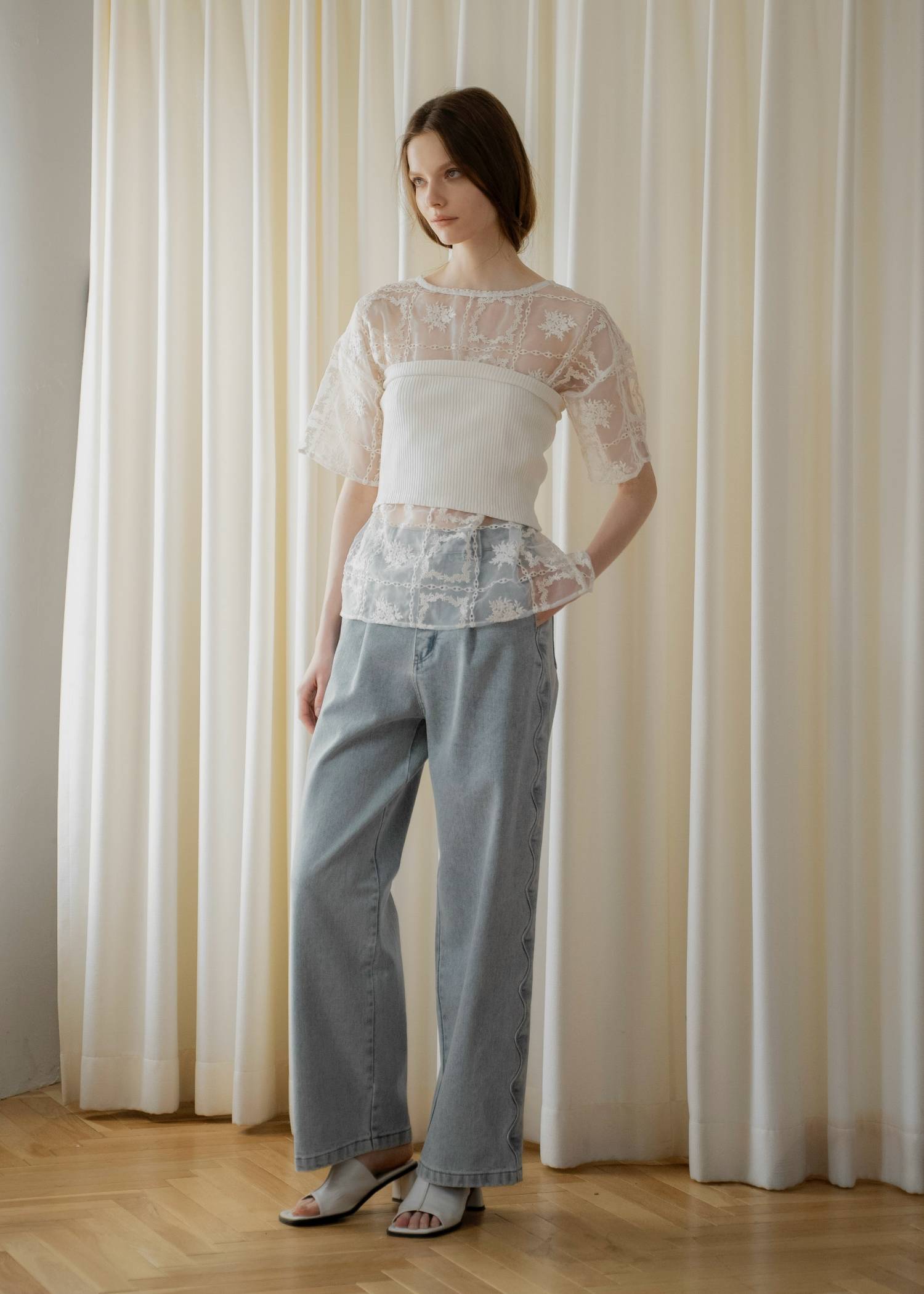 square lace big tee & rib tops SET