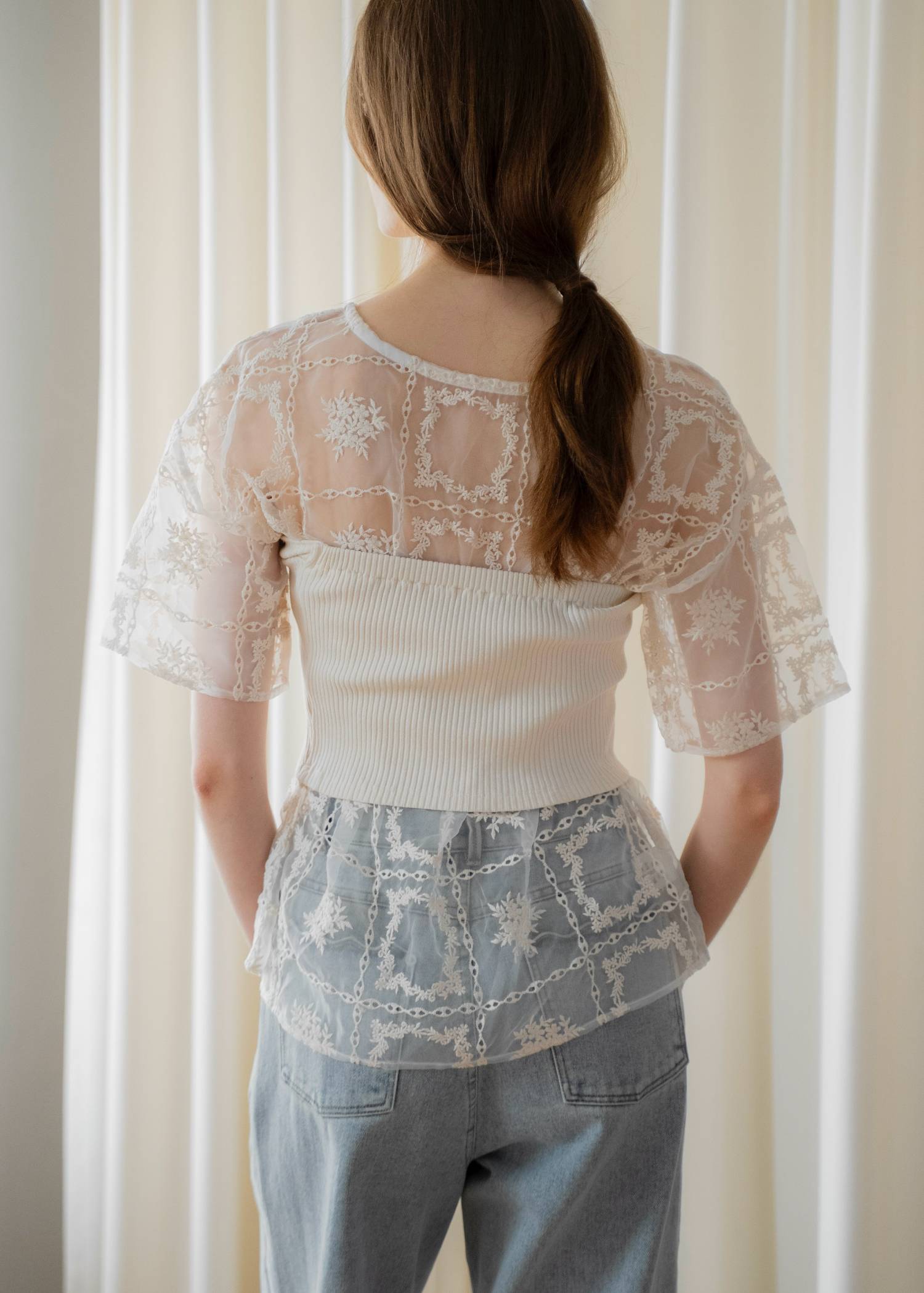 square lace big tee & rib tops SET