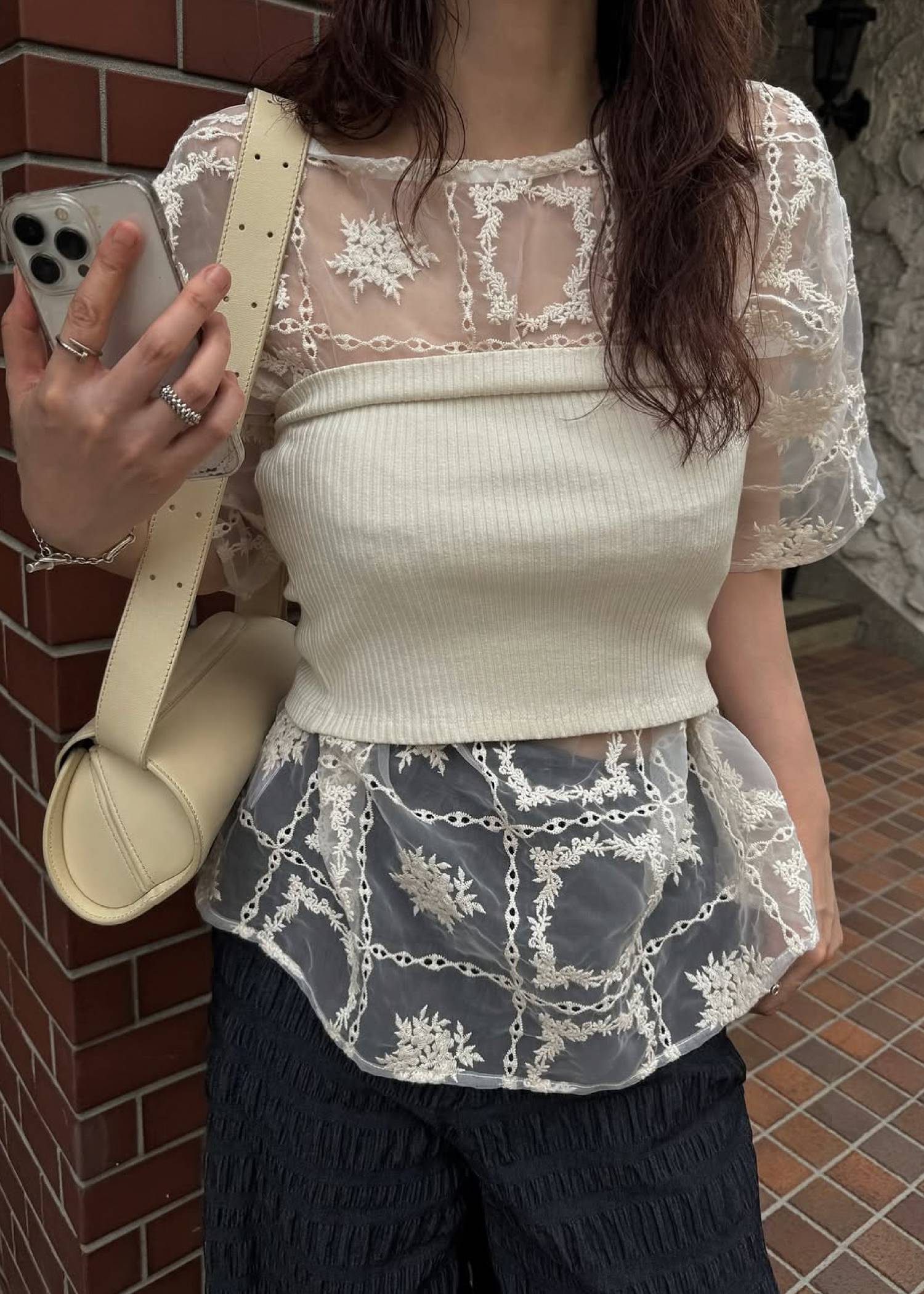 square lace big tee & rib tops SET