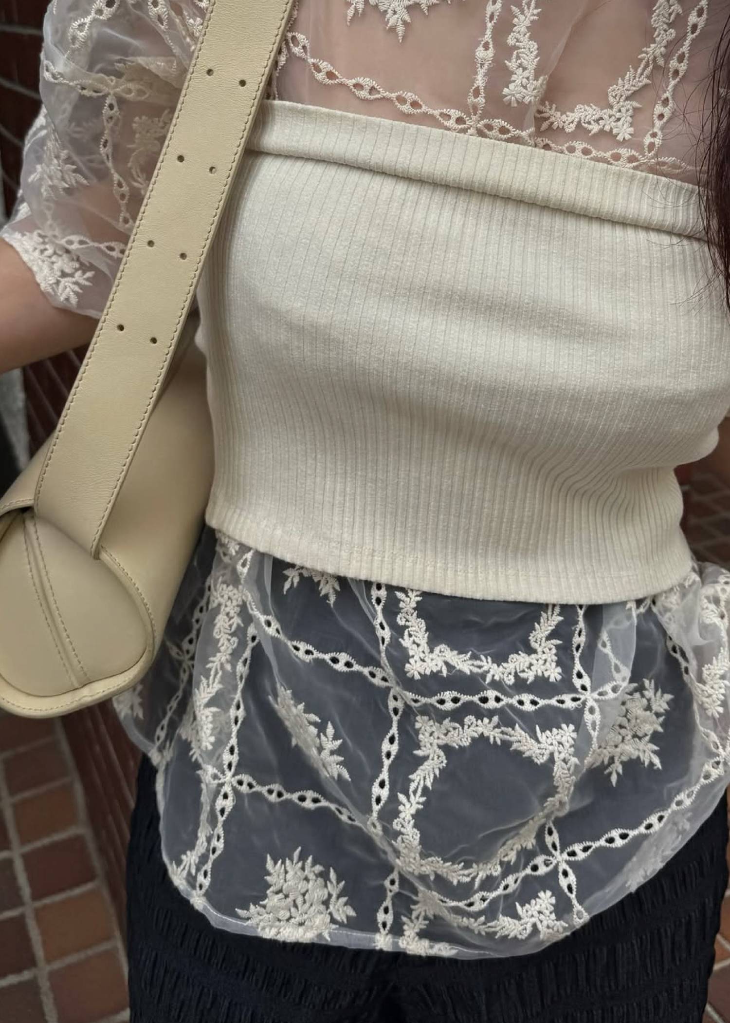 square lace big tee & rib tops SET