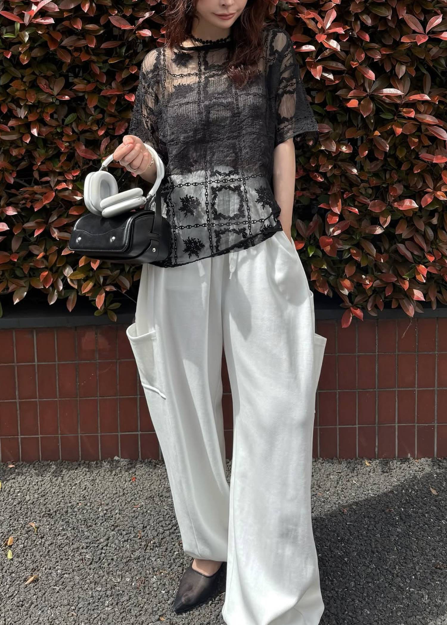 square lace big tee & rib tops SET