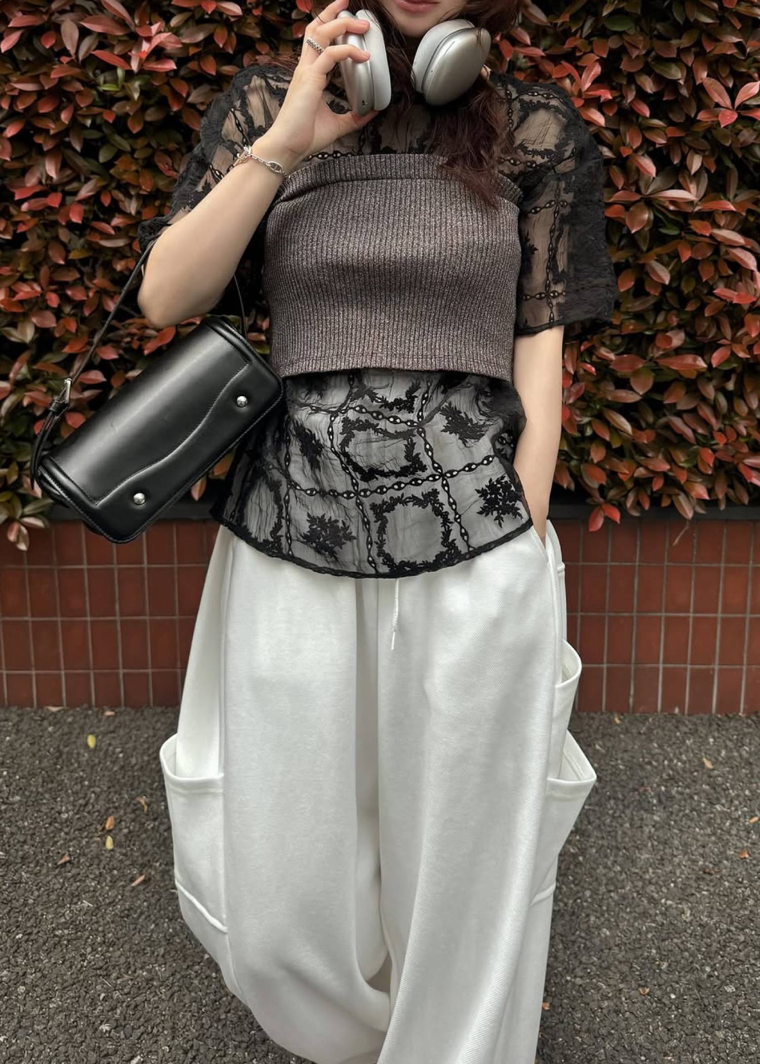 square lace big tee & rib tops SET