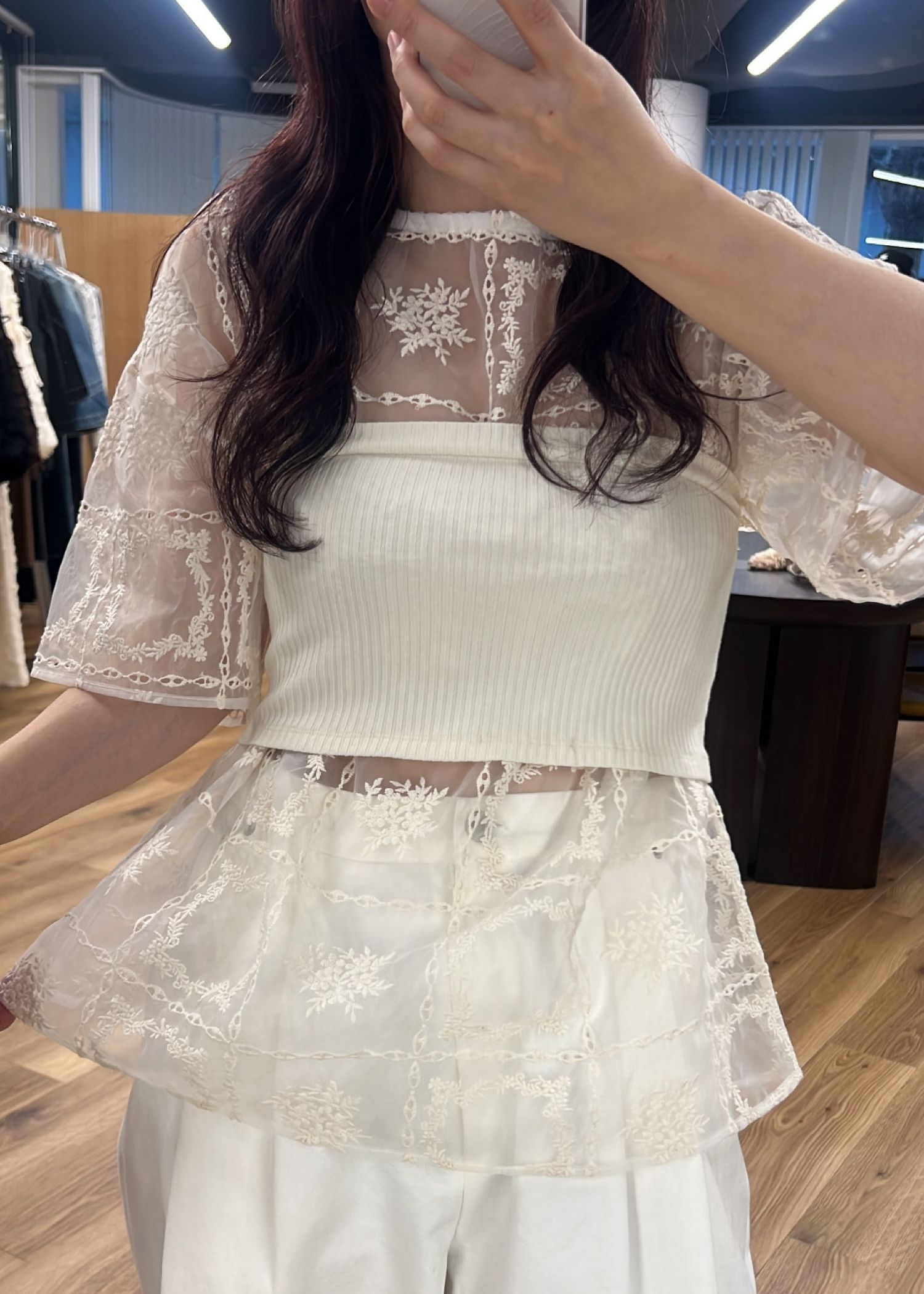 square lace big tee & rib tops SET